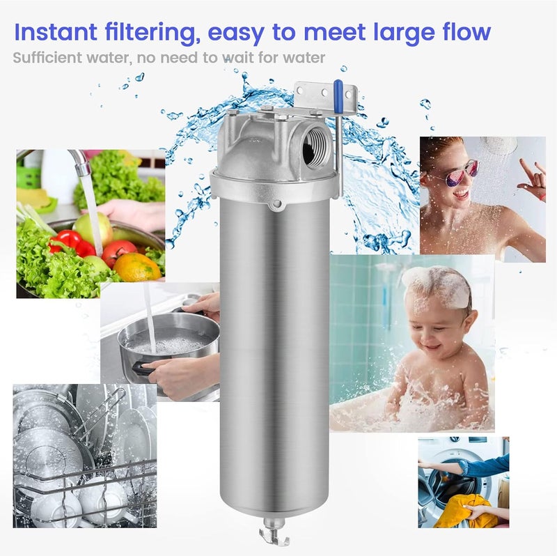 Amwater NSF/ANSI 42 Stainless Steel Whole House Water Filter Housing, 10" x 2.5" Sediment Water Filter System for Heavy Duty, Well & City Water, 3/4" NPT Port, Drain Valve Style A - Image 4